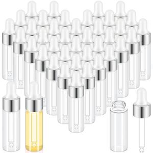 100 Pcs Mini Glass Oil Dropper Bottle Bulk, 5 ml Sliver Clear Essential Small Empty Bottles Sample Containers Perfume Liquid Vials with Cap for Traveling (Silver)