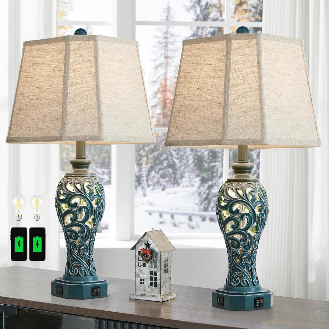 25'' Farmhouse Table Lamps Set of 2 for Living Room Bedroom, 2 USB Ports Coastal Vintage Table Lamp with Nightlight, Blue Green Hollow Out Resin Lamp for End Table (Bulbs Included)
