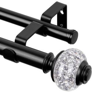 Black Double Curtain Rods 72-144 Inches (6 to 12 Ft), 1 Inch Telescoping Window Curtain Rod with Translucent Finials, USFOOK Long Double Window Rods for Kitchen, Patio, Wall Mounted