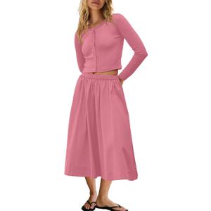 Panadila Womens 2 Piece Lounge Sets Matching Vacation Outfits Ribbed Button Down Cardigan and Elastic Waist Skirt Sets, M