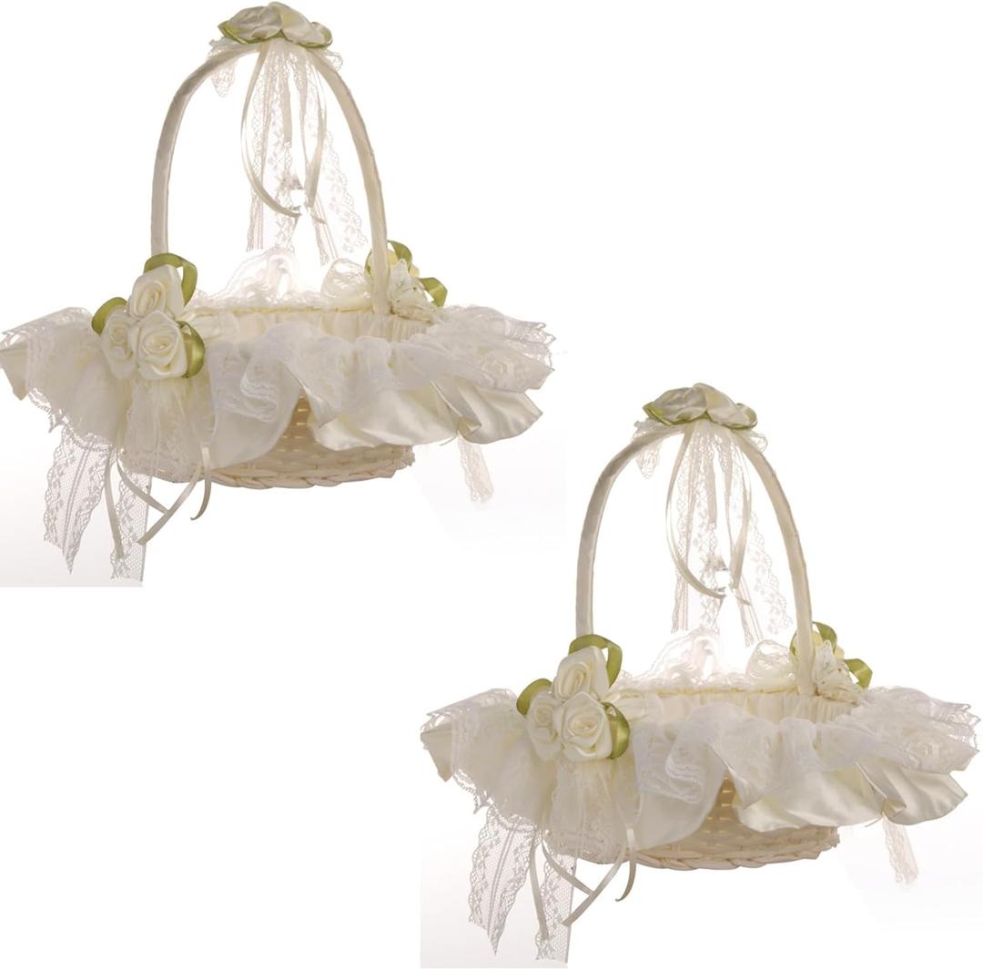 DULRLLY 2Pcs Wedding Flower Girl Basket, Hand-woven Storage Basket with Removable Handle and Rhinestone, Sweet Romantic Petals Basket, Lace Bowknot Bride Basket for Wedding (2 Pcs)