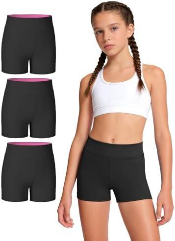 JOCMIC 3 Pack Girls Athletic Shorts Dance Gymnastics Yoga Running for Kids 4-12 Years