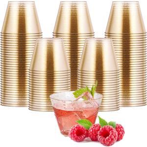 JOLLY CHEF 5 oz 100 Pack Small Glitter Disposable Cups, Glitter Plastic Cups, Disposable Plastic Shot Glasses Perfect for Parties Halloween Thanksgiving Christmas (Glitter-5oz)