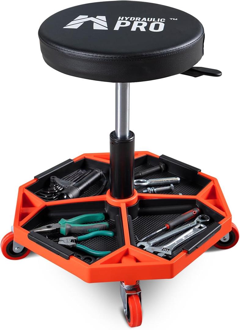 Adjustable Height Rolling Mechanic Stool, 300 LBS Garage Chair on Wheels, Rolling Workshop Stool with Cushioned Seat and Tool Trays, Ideal for Garage, Workshop, and Auto Repair, Seat Height: 21.7 inches, Seat Width: 2 inches