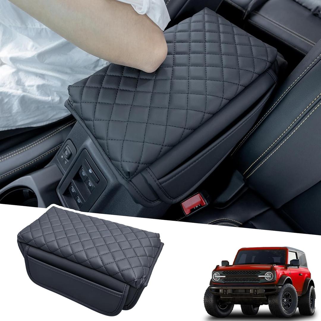 TOPINSTALL Center Console Armrest Cover for 2021-2025 2026 Ford Bronco Accessories 2/4 Doors, PU Leather Protector with Side Storage Pockets, Console Cushion to Prevent Scratches (Not for Sport)