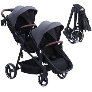 Double Stroller for Infants and Toddlers, Foldable Tandem Stroller, Reversible Pushchair Bassinet Pram with Large Storage Basket, Adjustable Backrest & Canopy, Dark Grey