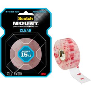 Scotch Double Sided Tape, Clear Mounting Tape, 1 Roll Adhesive Tape, 1 in x 125 in (10.4 ft), Holds Up to 15 Lbs., Features 3M Industrial Adhesive, Strong Permanent Bond on Contact (410H-MED-DC)