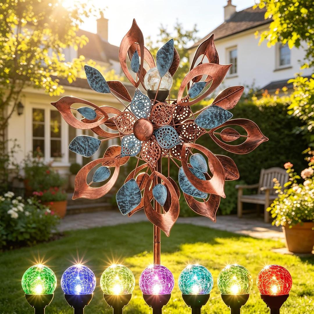 Wind Spinners Outdoor 84 Inch for Garden and Yard, Large Metal Wind Spinners with 7 Color Solar Lights, Heavy Duty Metal Wind Spinner for Lawn, Backyard, Patio, Outside Decor Gift (24" W x 84" H)