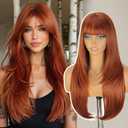 ENTRANCED STYLES Auburn Wigs with Bangs Long Straight Layered Copper Wigs 26Inch Natural Looking Heat Resistant Synthetic Wigs for Women Daily Party Holiday Use (Ginger,Reddish Brown)