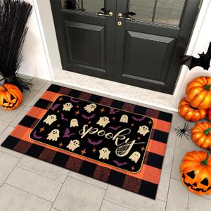 Halloween Outdoor Rug Set, Boo Door Mat 28 x 43 in, 2 Pcs Welcome Mat Set, Halloween Bats Rug, Black Doormat, Halloween Front Porch Doormats, Orange and Black Buffalo Plaid Mats for Outdoor Decor (Spooky)