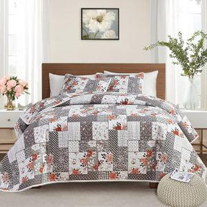 Patchwork Quilt Set Full/Queen Size, 3 Pieces Grey Floral Plaid Summer Bedspread Coverlet Set, Soft Microfiber Reversible Lightweight Bed Cover for All Season (90" x 90", 1 Quilt+ 2 Pillow Shams)