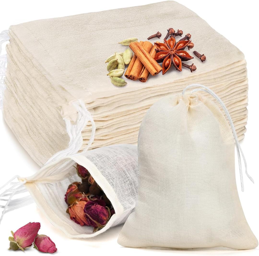 20 Pcs Muslin Bags with Drawstring, Reusable Tea Bags, Spice Bags for Cooking Soup/Herb/Loose Leaf Tea, Natural Cotton Small Cheese Cloth Bag for Straining, Sachet Bags Empty, 4 X 3 Inches