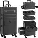 4 in 1 Rolling Makeup Case on Wheels with Drawer and Professional Cosmetic Organizers for Salon Barber - Bright Black