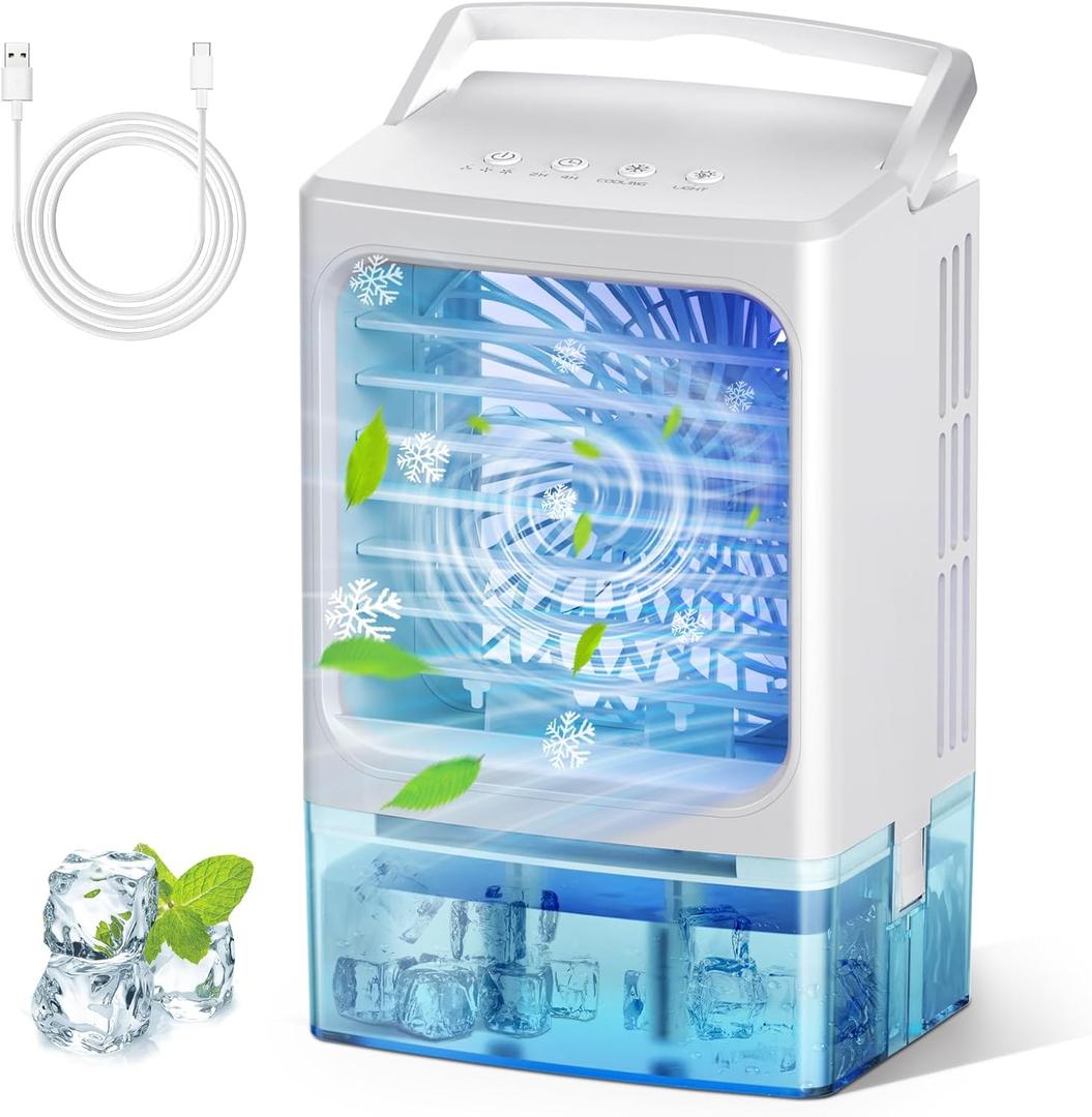 Portable Air Conditioner,3-IN-1 Evaporative Air Cooler,3 Speeds 2 Spray Outlets,900 Visiable Tank,7 Colors Light,2 Timers,Personal Mini Desktop Cooling Fan,Small AC Unit for Room Kitchen Office RV Car (White)