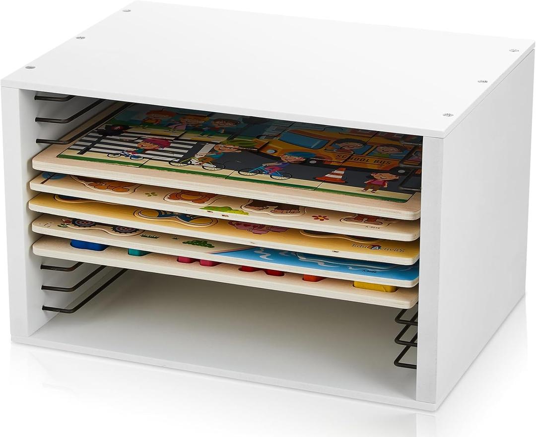 Sintuff Wooden Puzzle Organizer Rack, 12-Slot Jigsaw Puzzle Holder for Standard Size Puzzles up to 11.7", Layered Storage Shelf for Craft Collection Lovers Accessories(Standard Size,White)