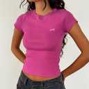 Women Y2K Crop Tops Short Sleeve Ribbed Knit Shirts Cute Bow Embroidery Tee Shirts Teen Girls Slim Fitted Baby Tees (Large, Fuchsia)