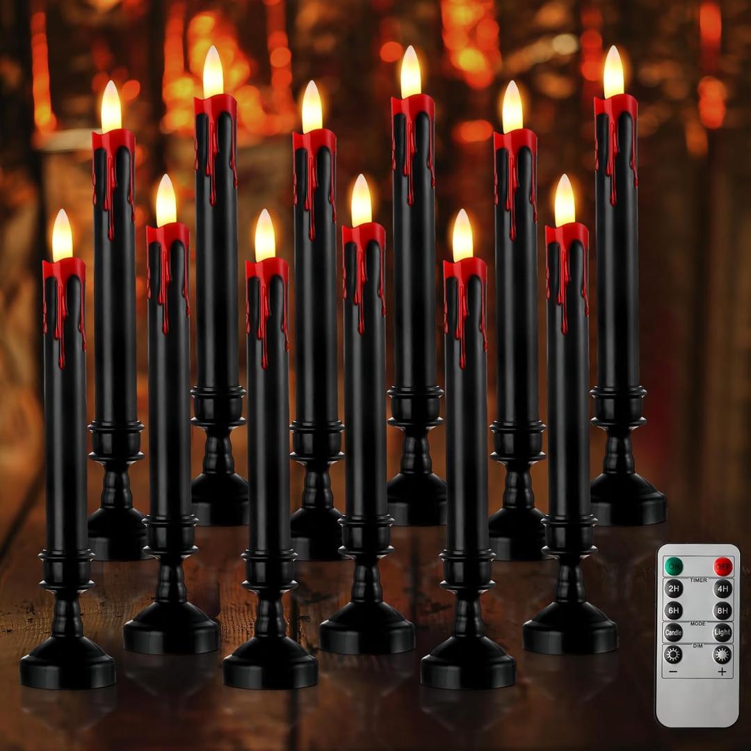 Sratte 12 Sets Halloween Blood Dripping Candle Holder Decoration LED Flameless Candlestick with Remote Battery Operate Vampire Tears Spooky Scary Creepy Decor for Indoor Home(Black Holder)