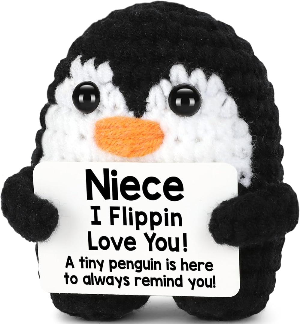 CryCarrot Mini Funny Mothers Day Niece Gifts from Auntie Aunt Uncle, Handmade Crochet Penguin Birthday Gifts for Niece Teen Adult, I Love You Niece Mothers Day Positive Cute Decor 2.9 x 2.9 x 2 in
