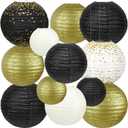 12Pcs Black Gold Graduation Decorations 2026 | 6" 8" 10" Hanging Paper Lanterns for Black and Gold Party Decorations, Birthday Decorations for Men, Retirement & Anniversary