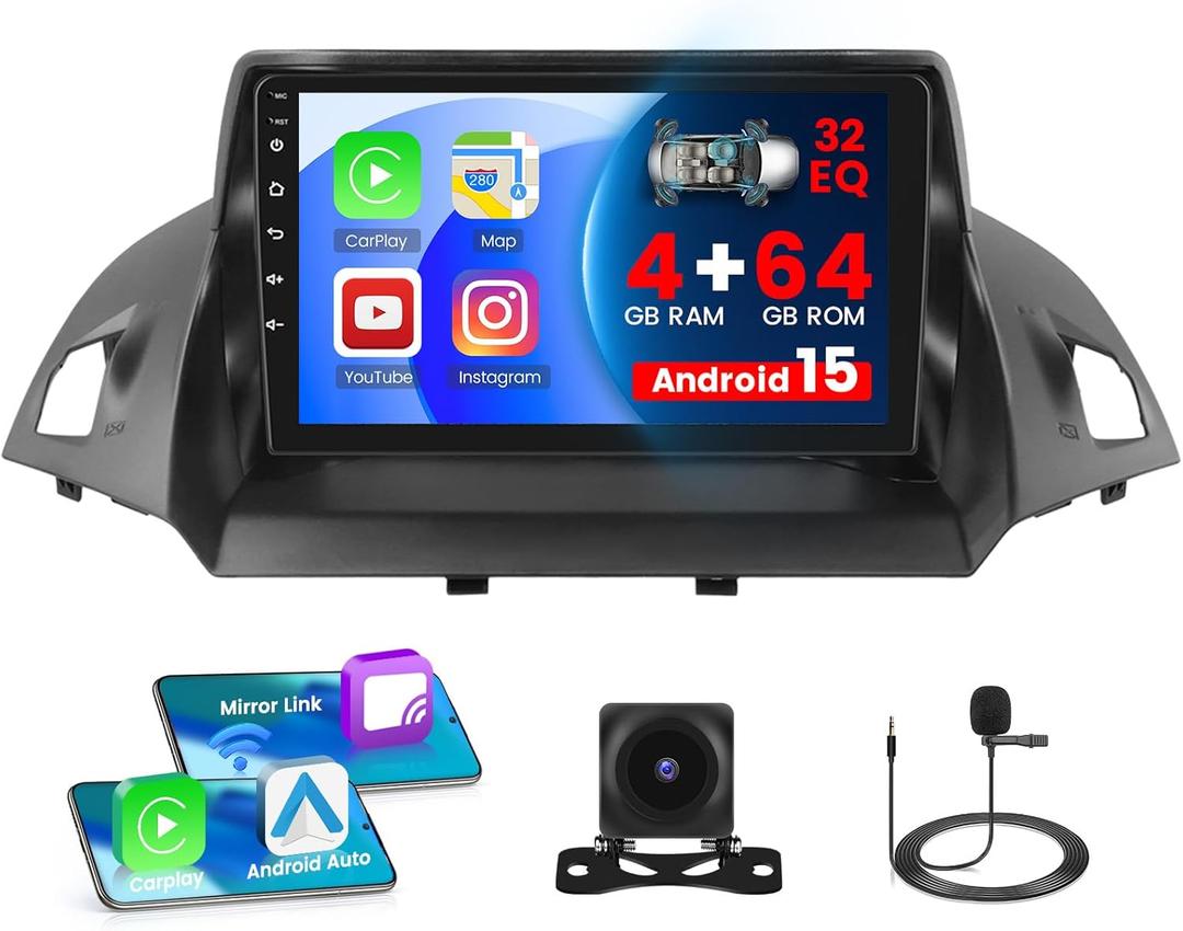 [4+64G] Android 15 Car Radio for Ford Escape Kuga 2014 2015 2016 2017 2018 2019 with Wireless CarPlay Android Auto, 9 Inch Touch Screen Car Radio with GPS WiFi, Bluetooth 5.0 FM/RDS 32EQ Backup Camera