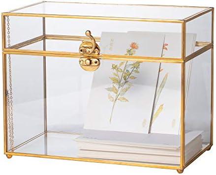 NCYP Small Glass Card Box with Lid for Wedding Reception - 9.8" x 5.6" x 7.7" - Rectangle Storage Terrarium for Party Wishwell Keepsake, Gold, Tabletop Decor (Glass Box Only, No Slot, No Lock)