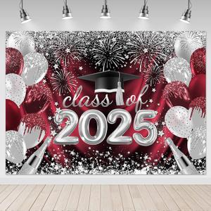 Mocsicka 2025 Graduation Red Silver Backdrop Congrats Grad Graduate Maroon Party Decorations Background Balloon Class of 2025 Photography Backdrops (Maroon, 10x8ft)
