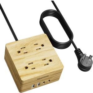 USB Power Strip Surge Protector - SUPERDANNY Desktop Extension Cord with 4 Widely Spaced Outlets & 4 Smart USB Ports, Portable Charging Station for Home, Office, Hotel, Dorm, RV, Faux Wood Grain (5ft, Beige)