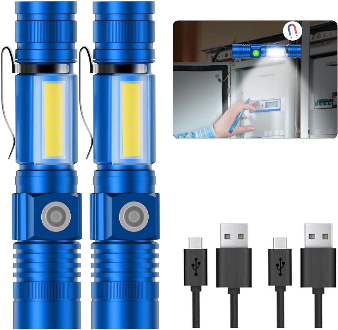 Hoxida Flashlight USB Rechargeable, Magnetic LED Flashlight, Super Bright LED Tactical Flashlight with Cob Sidelight, Waterproof, Zoomable Best Small LED Flashlight for Camping, Emergency - Blue