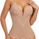 SHAPERIN Sexy Lace Shapewear Bodysuit Women's Sleeveless V Neck Tummy Control Backless Thong Tank Tops Body Suit Shaper (Nude)