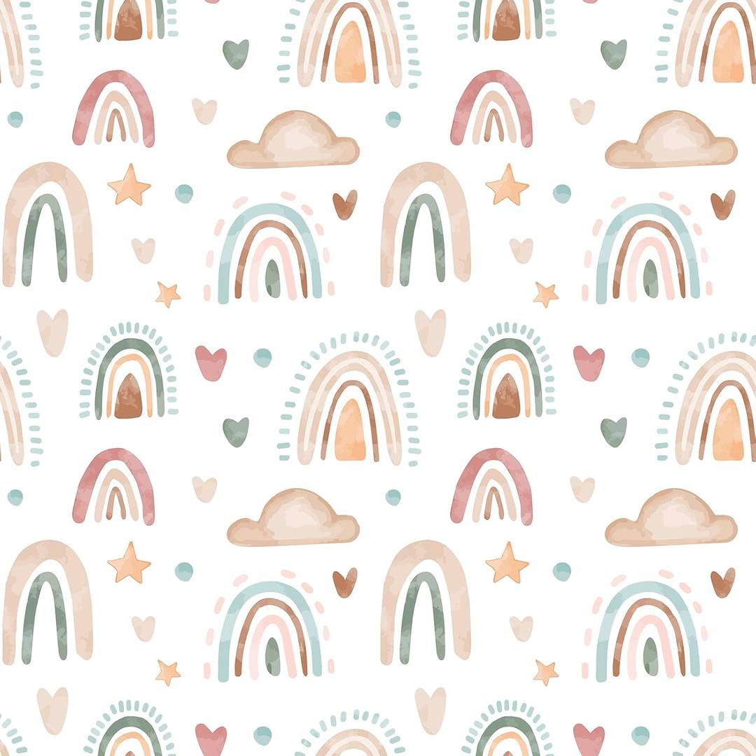 CHIHUT Boho Rainbow Peel and Stick Wallpaper - Watercolor Rainbow, Cloud Heart Star Pattern - Removable, Self-Adhesive Nursery Contact Paper for Girls' Bedroom - 17.7'x100'