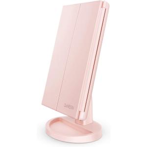 deweisn Tabletop Mount Tri-Fold Lighted Vanity Mirror with 21 LED Lights, Touch Screen and 3X/2X/1X Magnification, Two Power Supply Modes Make Up Mirror,Travel Mirror (Pink)