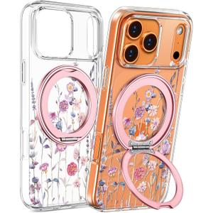 Loheckle for iPhone 17 Pro Case with Stand- Compatible with MagSafe Women Girls Cute Clear Aesthetic Unique Design Soft TPU Magnetic Ring Phone Cover for Apple 17 Pro, Purple Flower