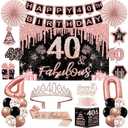 40th Birthday Decorations for Women,32PCS 40th Birthday Party Decorations,Including Backdrop, Crown, Sash, banner, Hanging Swirl,Cake Topper,balloons,Paper Fans,Anniversary Card and paper fans,  Rose Gold 40th