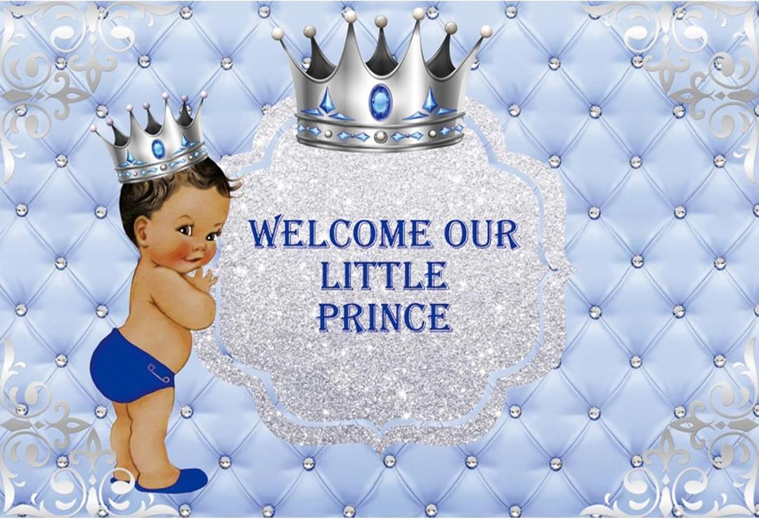 Baocicco 5x3ft Polyester Welcome Our Little Prince Party Backdrops for Photography African America Boy Silver Crown Blue Headboard Photography Background Baby Shower for Boys Photo Studio Vlogger Prop