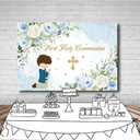 MEHOFOND 7x5ft First Holy Communion Mi Bautizo Blue Backdrop for Boys God Bless Party Decorations Blue Watercolor Photography Background Happy Birthday Photo Booth Props