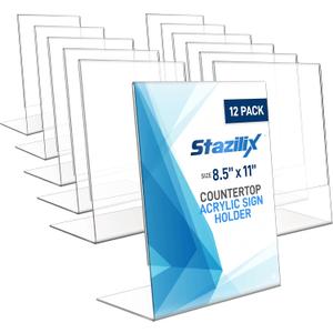 Acrylic Sign Holder 8.5 x 11 (12 Pack) - Plastic Sign holder 8.5 x 11 standing L-Shaped - Vertical Menu Holder Stand, Flyer Display Stand, Table Paper Holder, Plastic Sign Display Stand for Restaurants, Store, Office