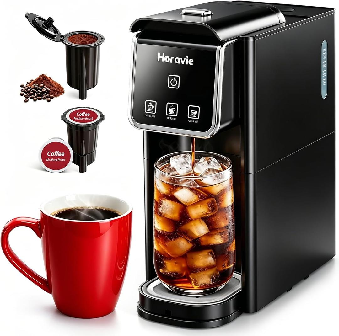 Horavie Single Serve Coffee Maker, Hot & Iced Coffee Maker for K-Pod and Grounds, Strong Brew Setting, 6-12 oz Brew Sizes One Cup Coffee Machine, Black