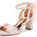 Coutgo Women's Bow Tie Heeled Sandals Chunky Heels One Strap Satin Ankle Buckle Dress Wedding Shoes, Pink, Size 8