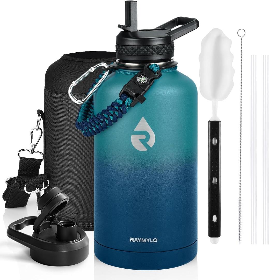 RAYMYLO Insulated Water Bottle 64 oz, Triple Wall Vacuum Stainless Steel (Cold for 48 Hrs), Leak Proof & Non-BPA, Half Gallon Water Flask Jug with Paracord Handle & Straw Spout Lids, Cyan Blue