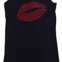 Women's Rhinestone Fitted Tight Snug Shirt Sexy Red Lips (Medium, Black Tank Top)