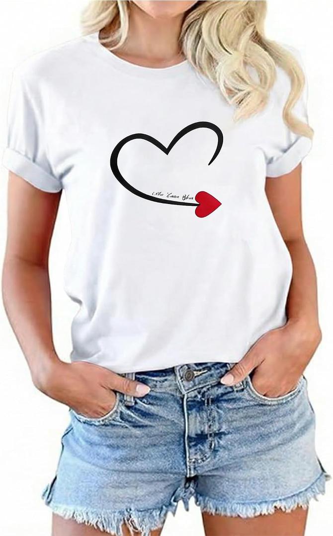 Womens Mens Lover Heart T-Shirt Couples Matching Casual Shirts Crew Neck Shirts Short Sleeve Tops (White, XS)