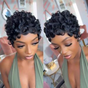 Pixixe Cut Curly Wigs for Black Women Short Layered With Bangs for Women Full Machine Made None Lace Front Wigs Human Hair Natural Black Color