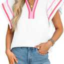 Cicy Bell Womens Ruffle Cap Sleeve Tops Color Block V Neck Dressy Casual Blouses Summer Pleated Loose Fit Shirts (White, M)