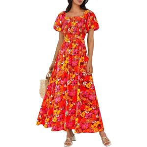 BTFBM Womens Spring 2026 Casual Maxi Dresses Short Sleeve Smocked Tiered Floral Boho Long Beach Dress with Pockets (M)