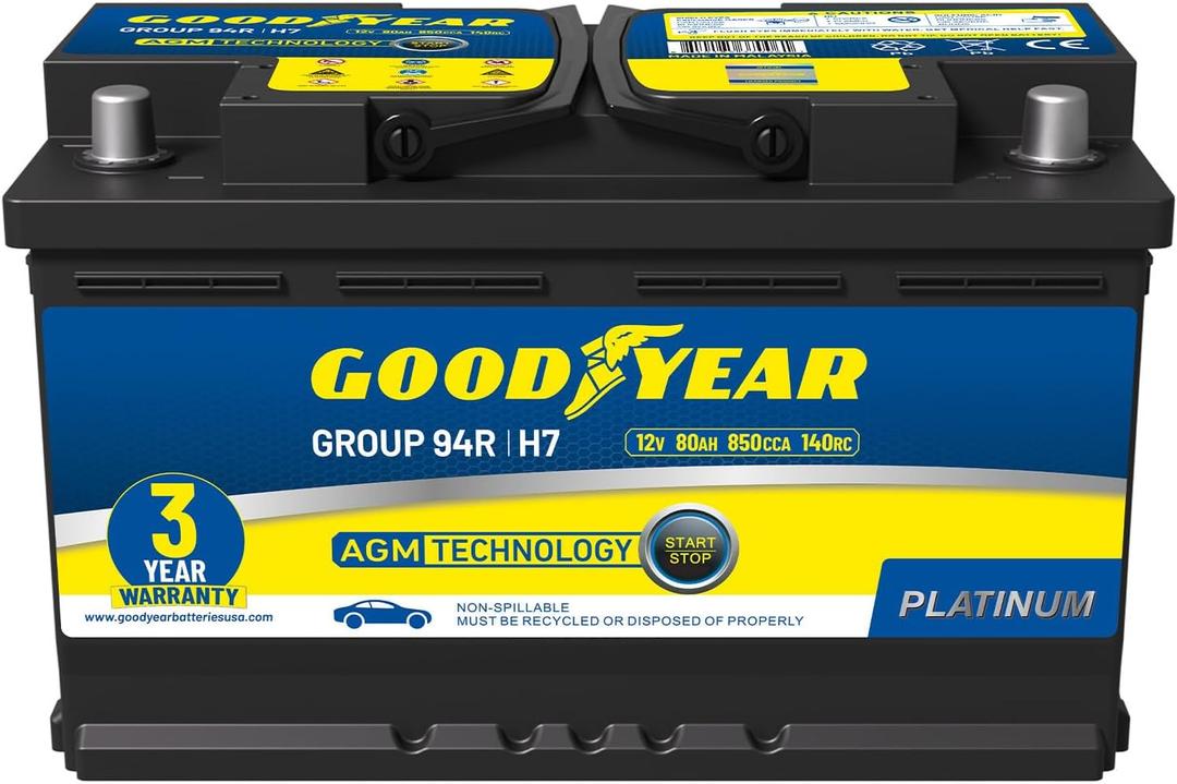 Goodyear 94R-H7-AGM BCI Group Size 94R 12V 80 AH, 140RC, 850 CCA Platinum series Rechargeable AGM Maintenance Free Automotive Battery