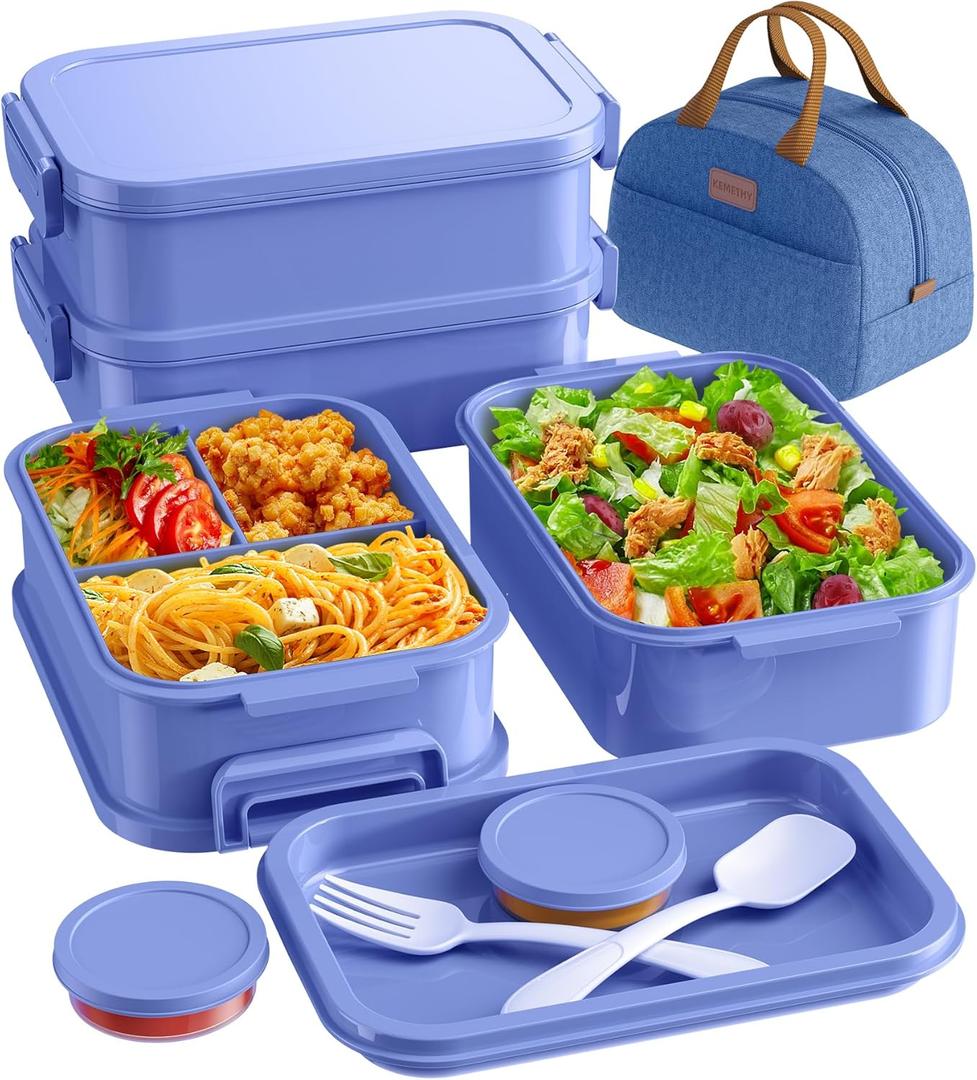 Adults Bento Lunch Box Set with Thermo Bag, 74oz Stackable Leak-proof 3-tiers Bento Box, Built-in Utensil and Sauce Container for Work, School, Dining Out (Purple)