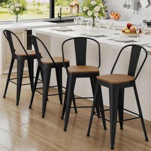 Andeworld Metal Bar Stools Set of 4, 26 inch Counter Height Barstools with Backs Farmhouse Modern High Back Bar Stools with Larger Seat Kitchen Dining Bar Chairs,Matte Black