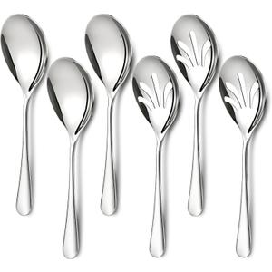 Mwellewm 6 Pcs Serving Spoons Set 9.5 Inch Large Stainless Steel Serving Spoons for Buffet Silver 3 Serving Spoons 3 Slotted Serving Spoons Dishwasher Safe for Parties Kitchen Buffet Catering Dinner