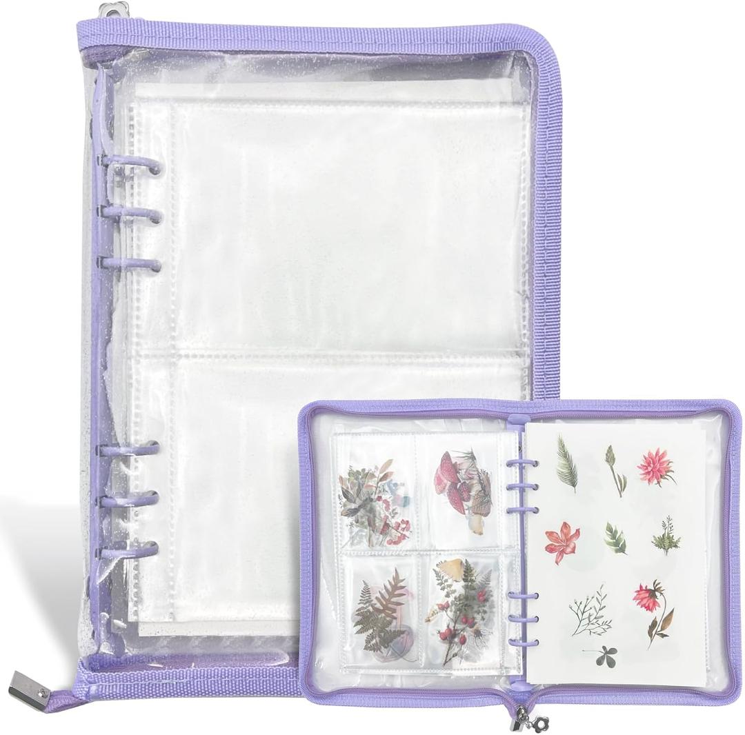 Sticker Storage Organizer Binder A5 Sticker Collecting Book Zipper Album for Adult with Blank Reusable Release Paper and Pocket Pages (Purple)