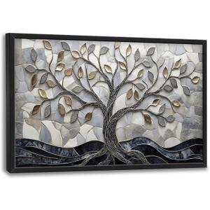 Large Grey and Gold Tree Framed Wall Art Tree of Life Canvas Wall Decor Abstract Pictures Print Painting Artwork Modern Home Decorations for Living Room Bedroom Office 36 x 24 inch